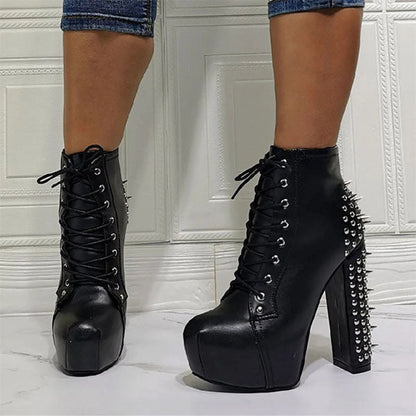 Black Round Toe Platform Shoes Chunky Heel Rivets Ankle Boots