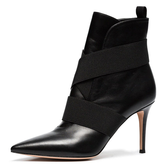 Black Elastic Straps Pointed Toe Pull-On Stiletto Heel Ankle Boots