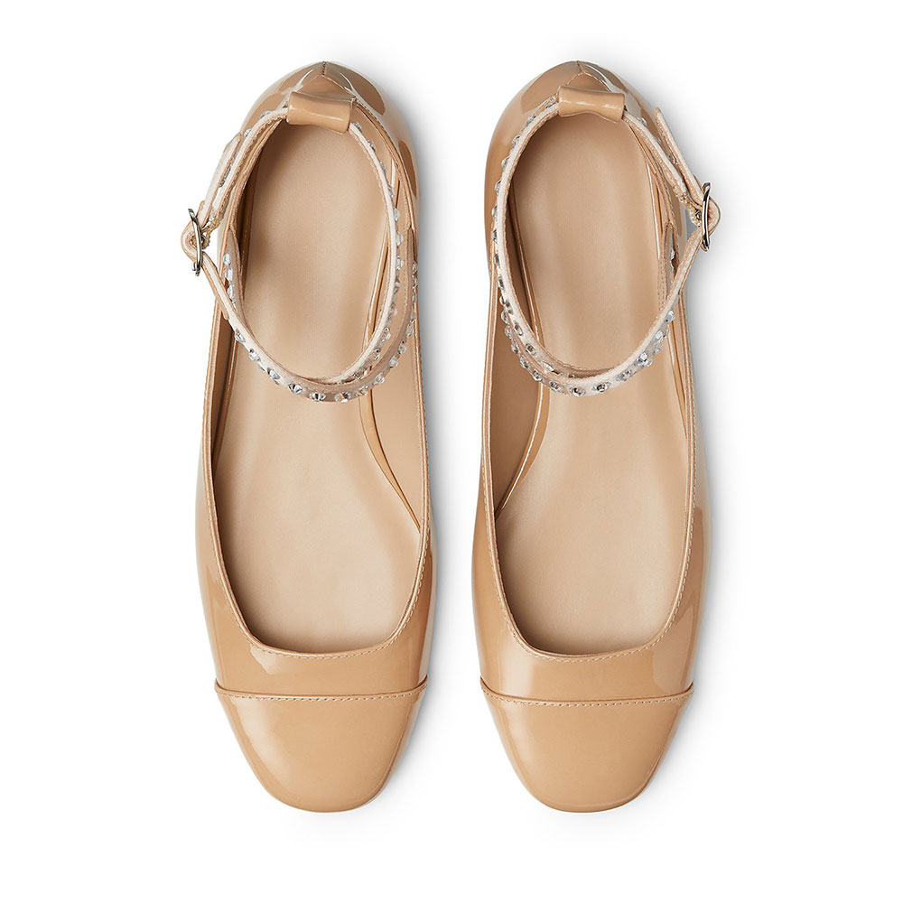 Nude Patent Leather Round-Toe Rhinestone Decor Ankle Strap Flats