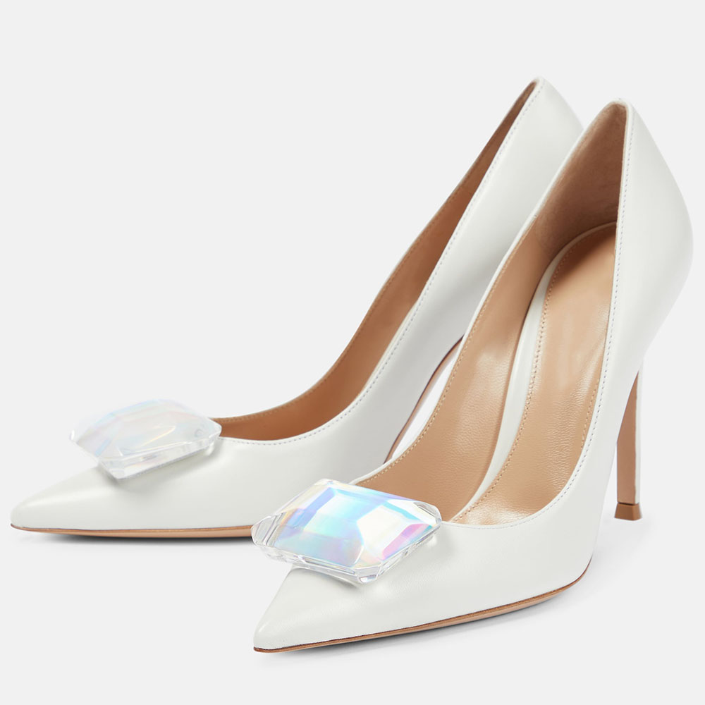 Women's White Pointy Toe Stiletto Heel Pumps with Faux Gem Decor