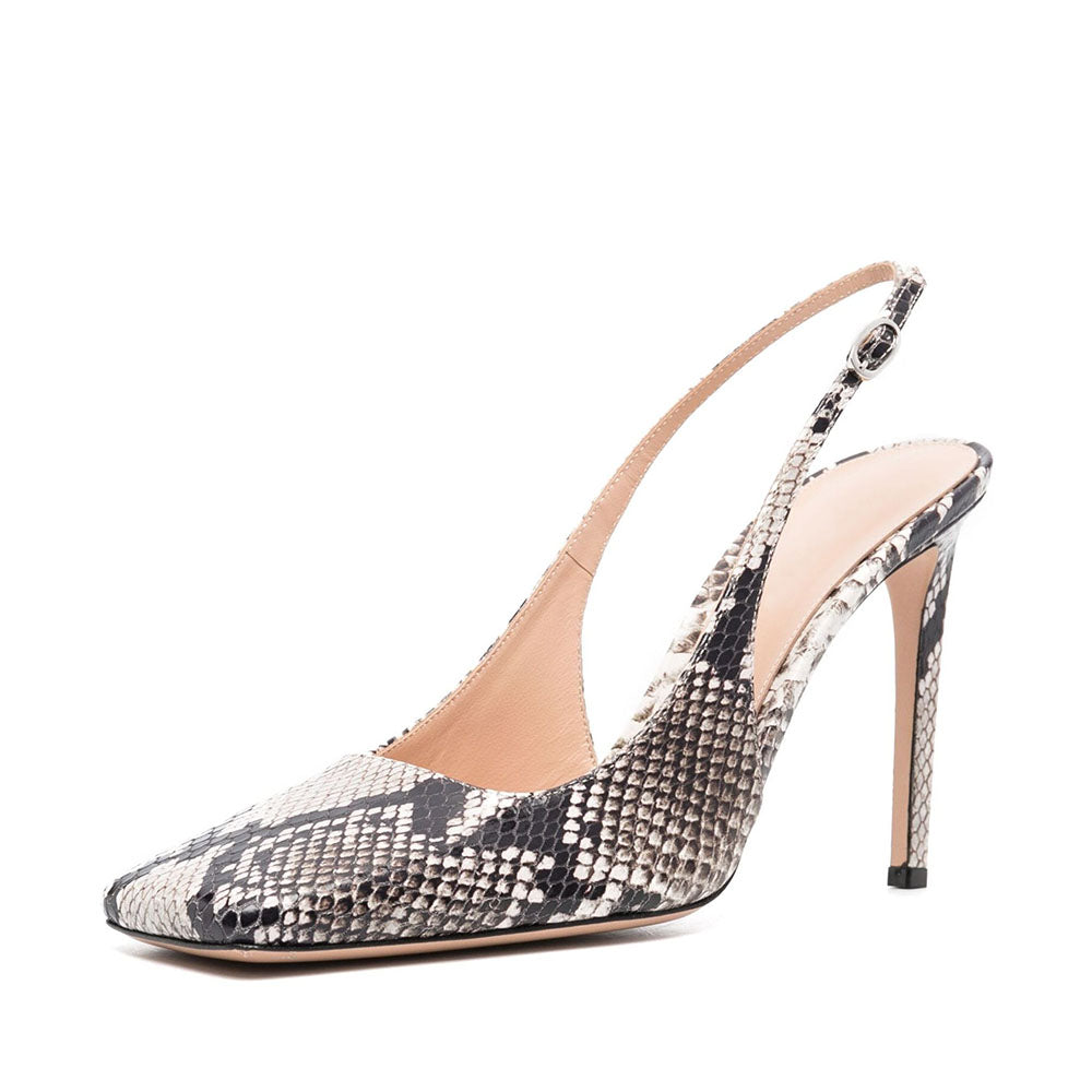 Women's Python Embossed Pumps Square Toe Slingback Stiletto Heels