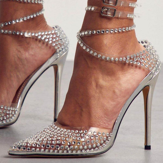 Women's Pointed Toe Clear Heels Wrap Strappy Rhinestone Pumps
