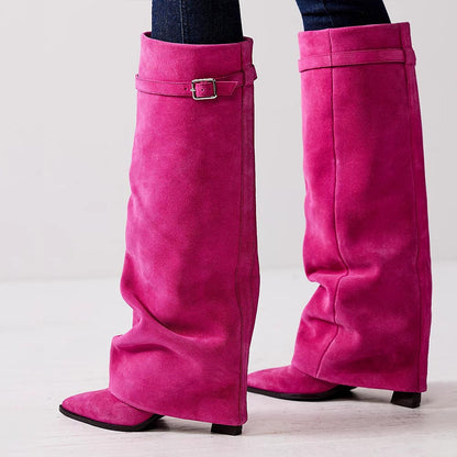 Pink Faux Suede Pointed Toe 4'' Chunky Heel Fold Over Knee High Boots