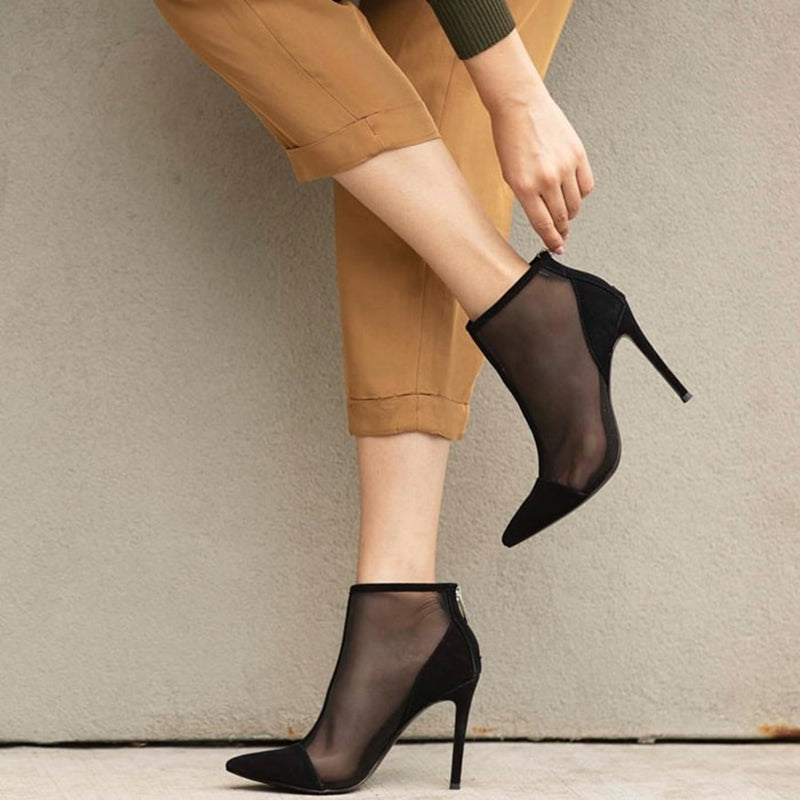 Black Mesh Pointed Toe Zipper Stiletto Heel Party  Ankle Boots