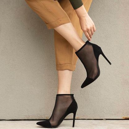 Black Mesh Pointed Toe Zipper Stiletto Heel Party  Ankle Boots