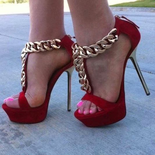 Red Platform Sandals Open Toe Metal T-Strap Stiletto Heels