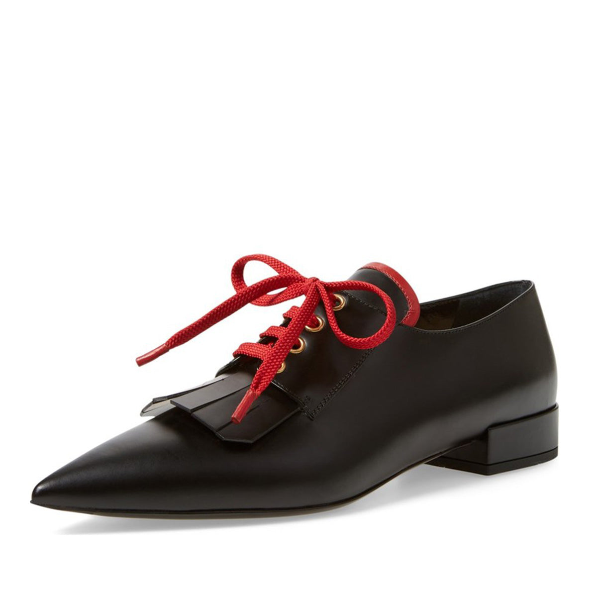 Black Vegan Leather Fringe Pointy Toe Flats Lace Up Women's Oxfords