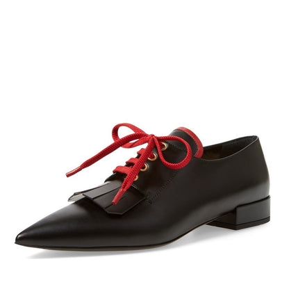Black Vegan Leather Fringe Pointy Toe Flats Lace Up Women's Oxfords