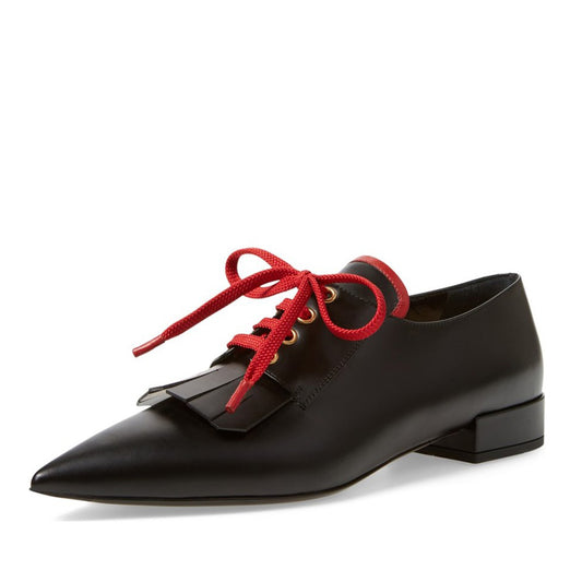 Black Vegan Leather Fringe Pointy Toe Flats Lace Up Women's Oxfords