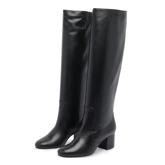 Black Round Toe Block Heel Vegan Leather Knee High Boots
