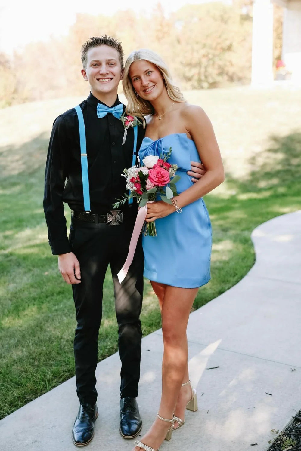 Sheath Blue Short Cocktail Dresses Graduation Gown with Bow