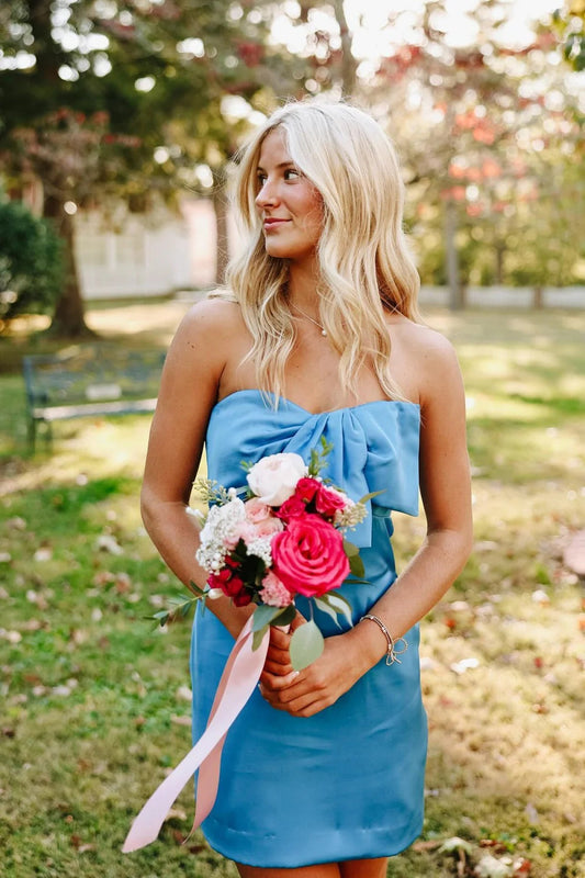 Sheath Blue Short Cocktail Dresses Graduation Gown with Bow