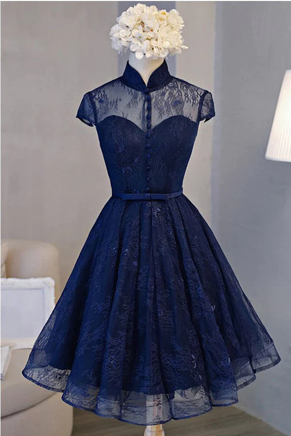 PM311,Navy Blue Homecoming Dresses,Lace Homecoming Dress,High Neck Mini Prom Dresses