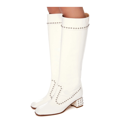 White Patent Leather Studded Knee High Boots with Block Heels