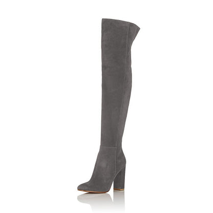 Women's Vegan Suede Closed Toe Over The Knee Boots with Block Heels