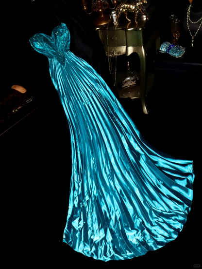 Glamorous Turquoise Satin Pleated Sweetheart Strapless Evening Gown TP5355