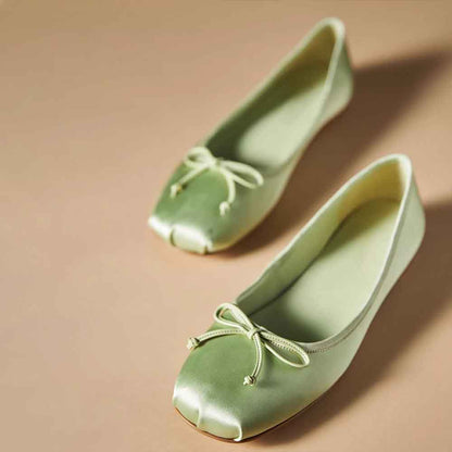 Green Satin Closed Square Toe Bow Slip-On Ballet Flats