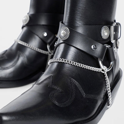 Black Pointed Toe Chain Chunky Heel Hardware Decor Strap Ankle Boots