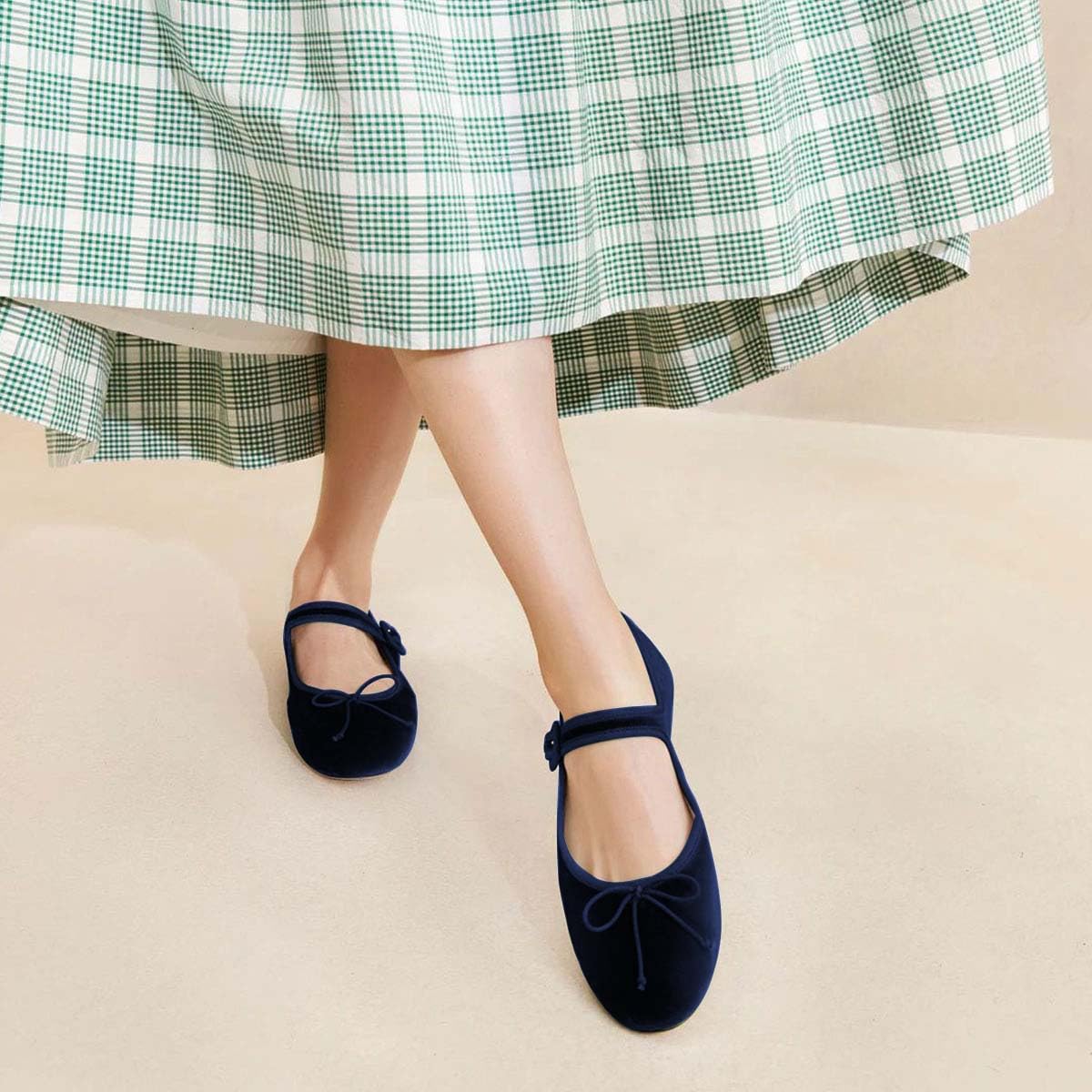 Navy Velvet Bow Tie Round Toe Ballet Flats with Buckle Strap