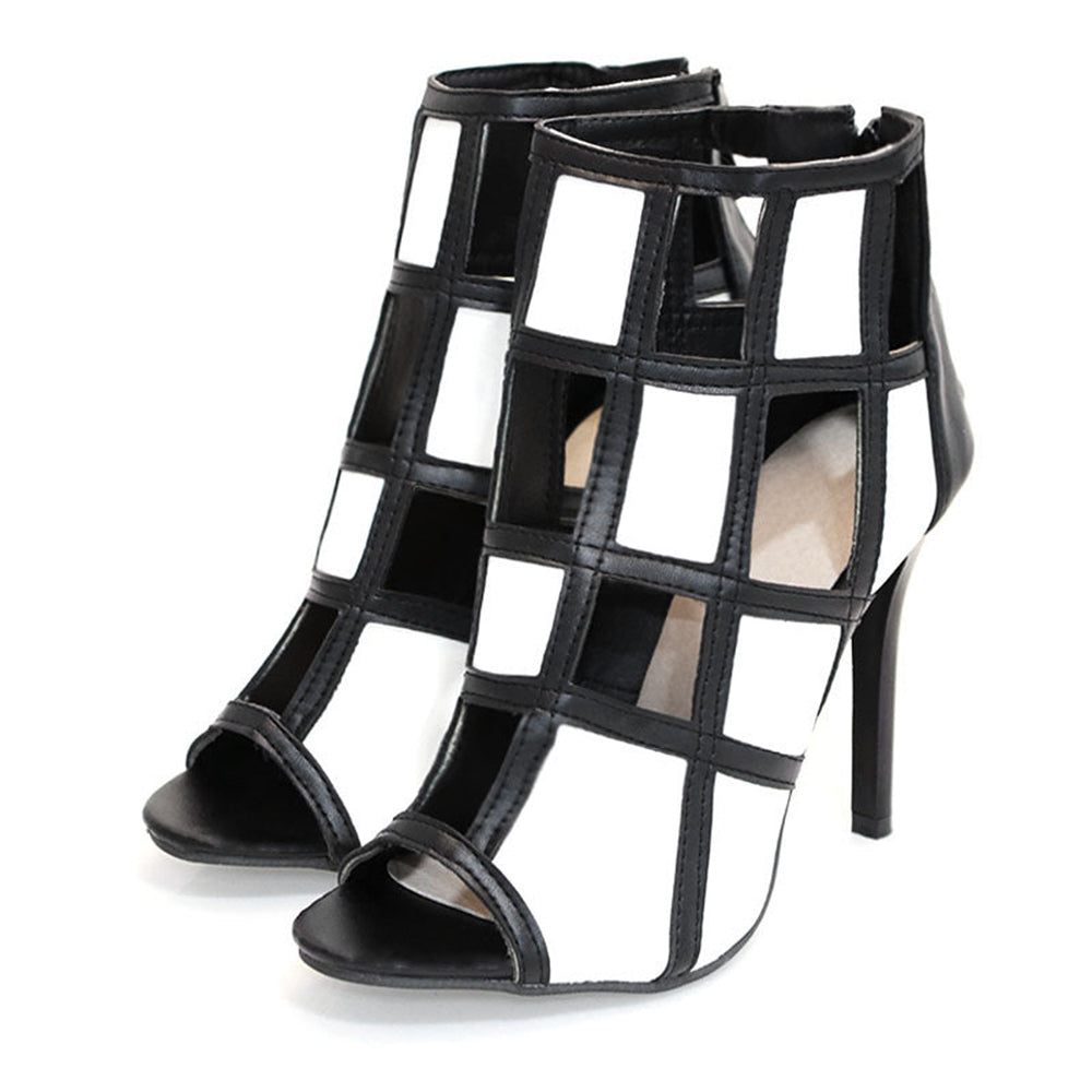 Black & White Plaid Peep Toe 3'' Stiletto Heel Cut-Out Ankle Boots