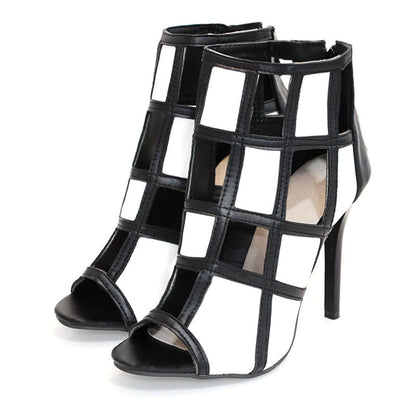 Black & White Plaid Peep Toe 3'' Stiletto Heel Cut-Out Ankle Boots