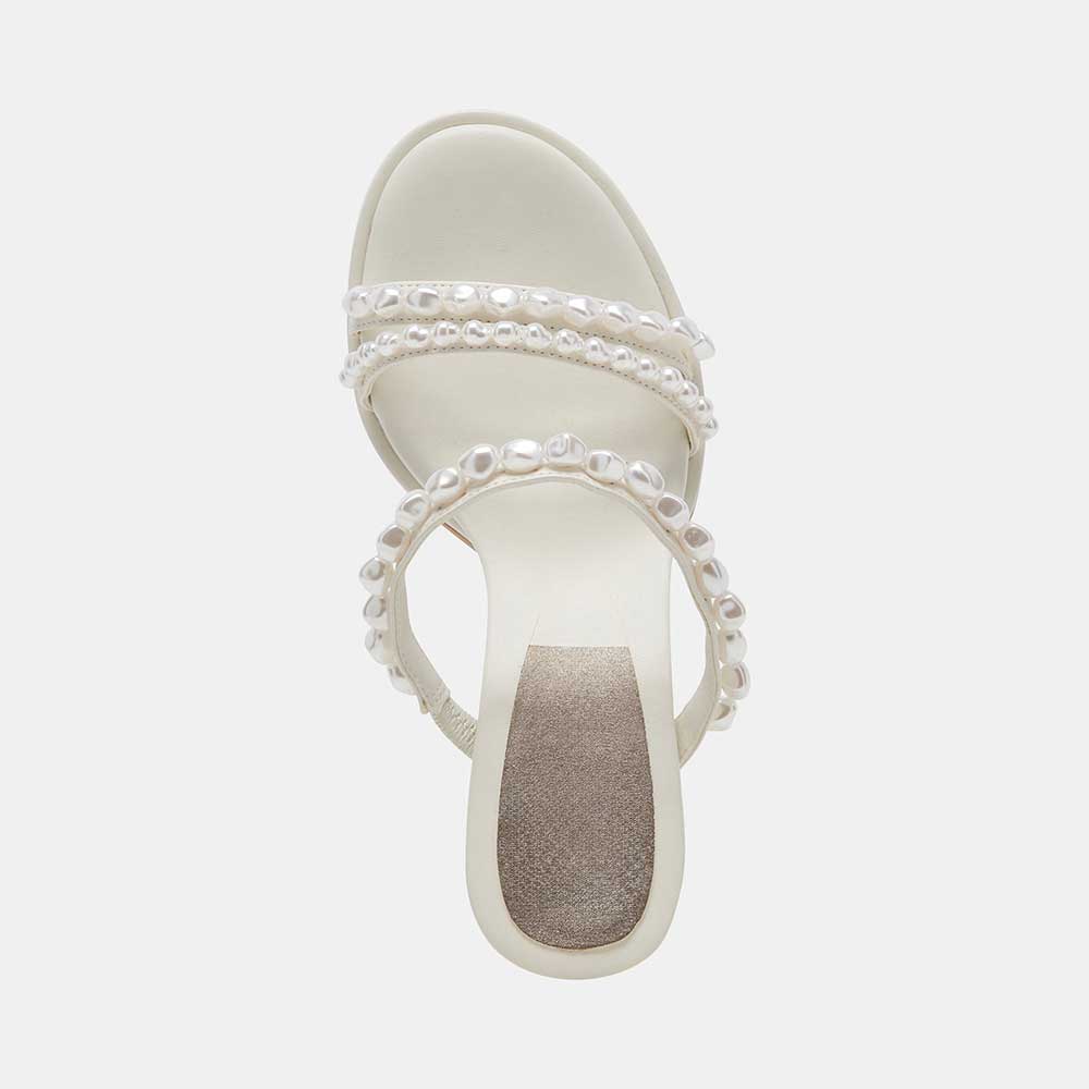 White Round Toe Chunky Heel Pearl-Studded Strappy Mules