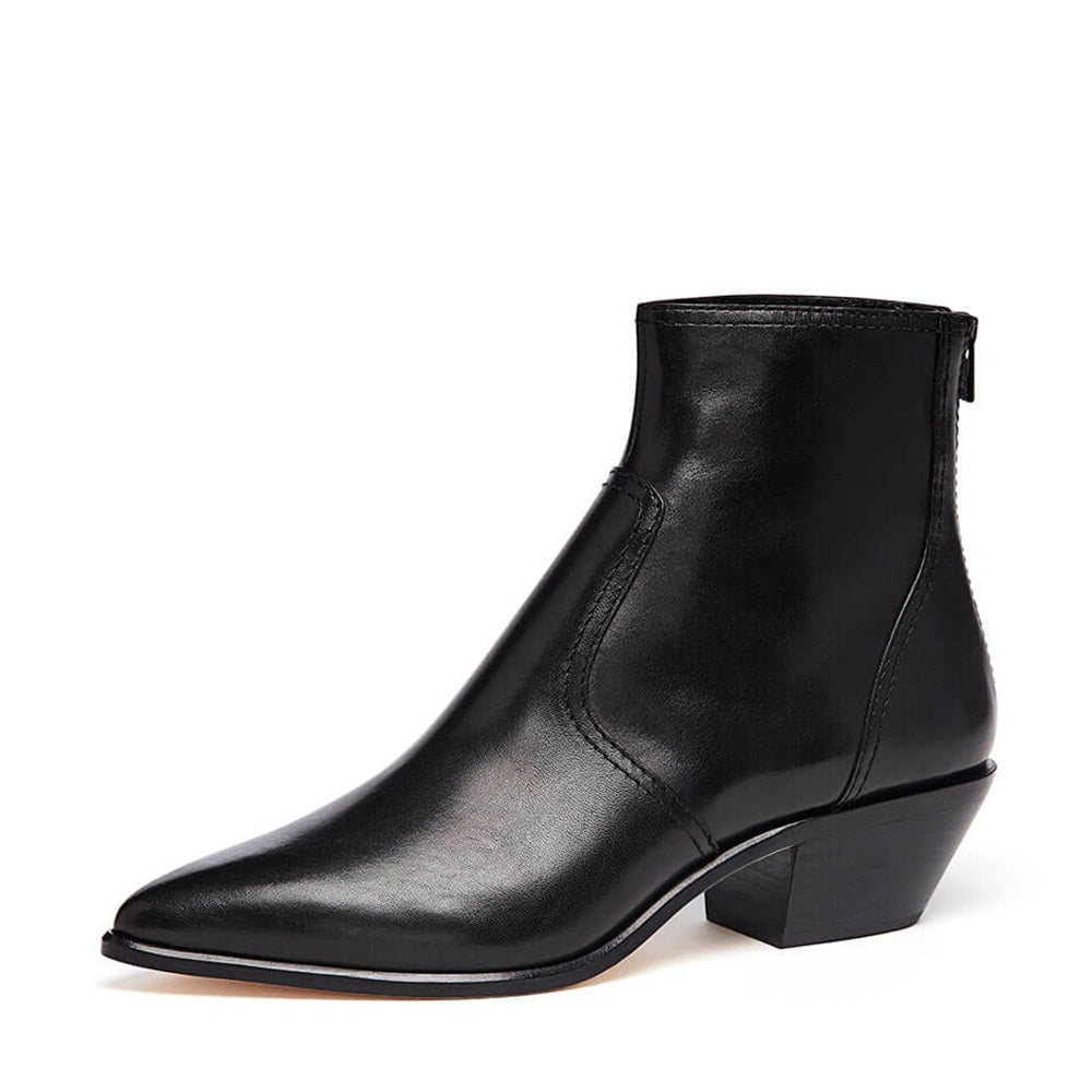 Black Block Heel Back Zipper Ankle Boots with Pointed Toe