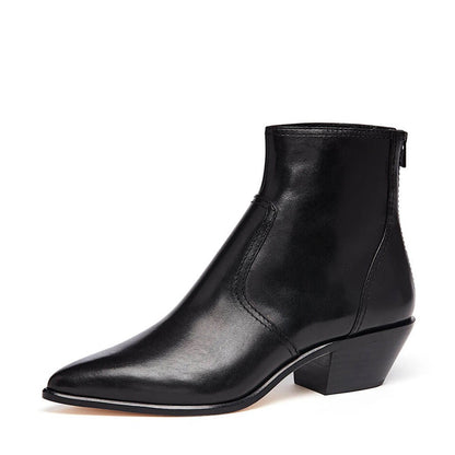 Black Block Heel Back Zipper Ankle Boots with Pointed Toe
