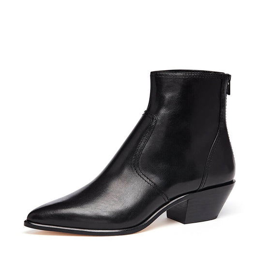 Black Block Heel Back Zipper Ankle Boots with Pointed Toe