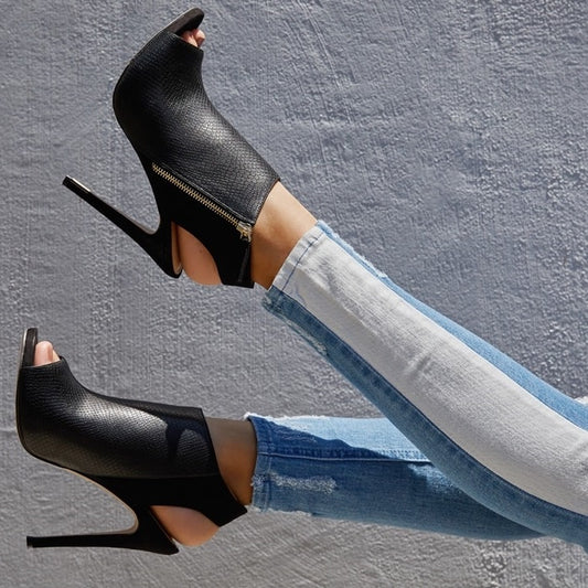 Black Snakeskin Peep Toe Slingback Stiletto Heel Ankle Boots