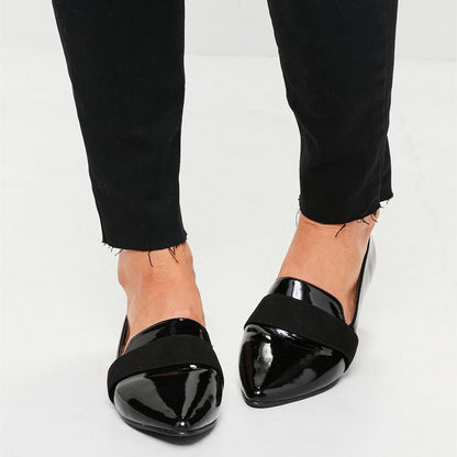 Black Patent Leather Flats Pointed Toe Elastic Strap Women's Loafers