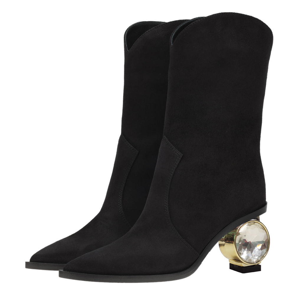 Black Faux Suede Closed Toe Decorative Heel Ankle Boots