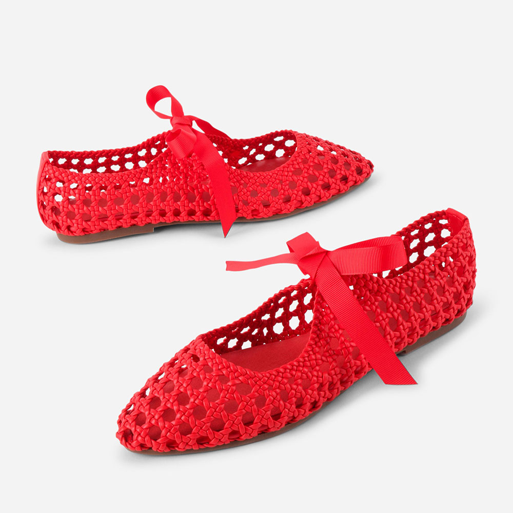 Red Vegan Leather Closed-Toe Woven Tie-Up Flat Shoes for Women