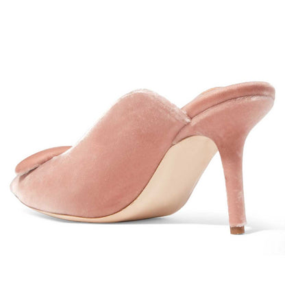 Women's Nude Velvet Pointed Toe Stiletto Heel Mules Shoes