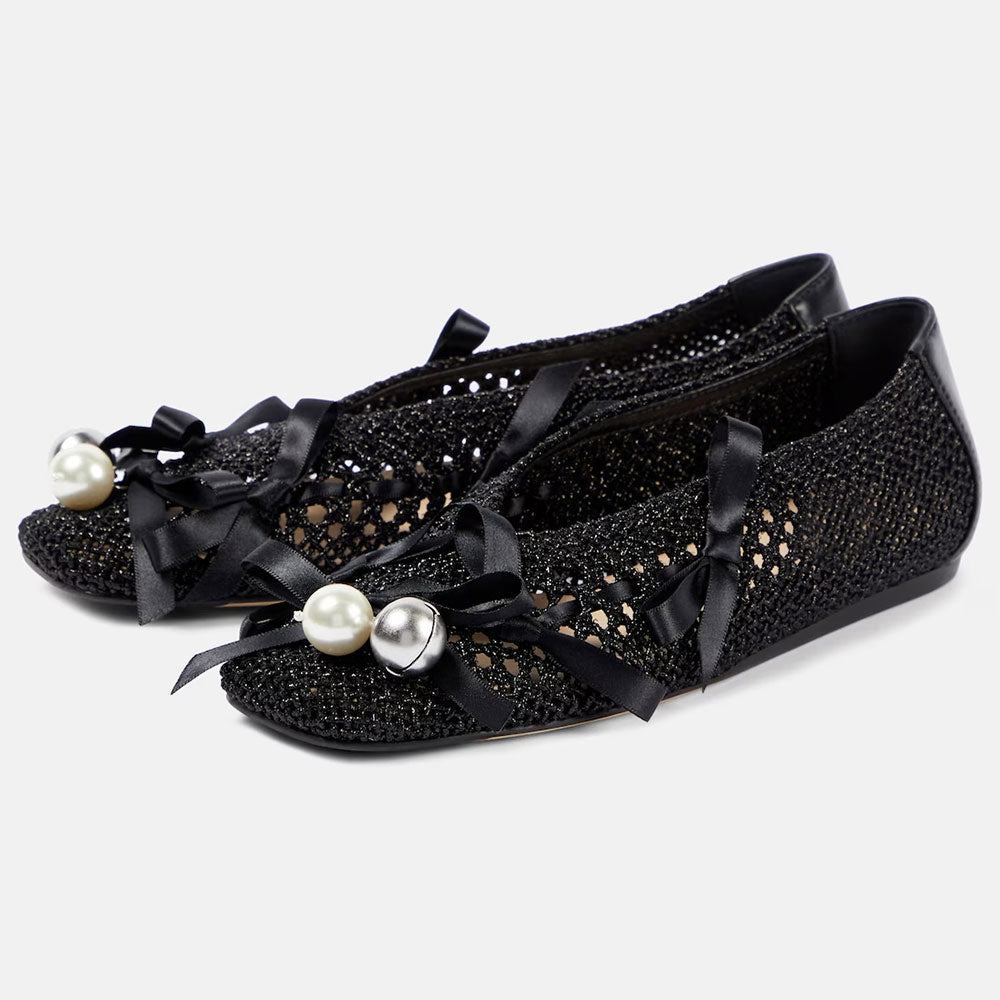 Woven Square Toe Bell and Pearl Decorative Bow Ballet Flats in Black