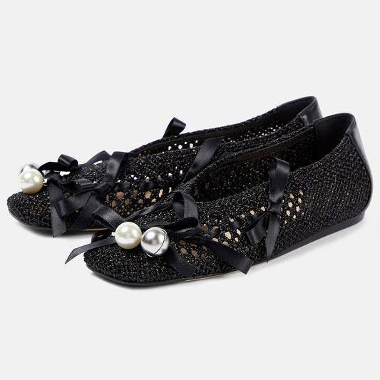 Woven Square Toe Bell and Pearl Decorative Bow Ballet Flats in Black