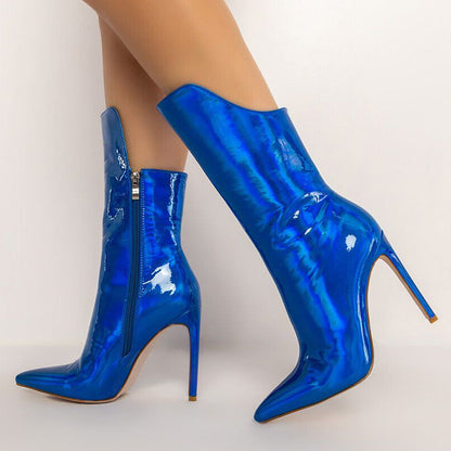 FSJ Royal Blue Holographic Pointed Toe Stiletto Heel Mid Calf Boots