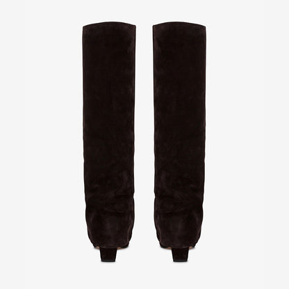 Dark Brown Pointed Toe Block Heel Fold Over Knee High Boots