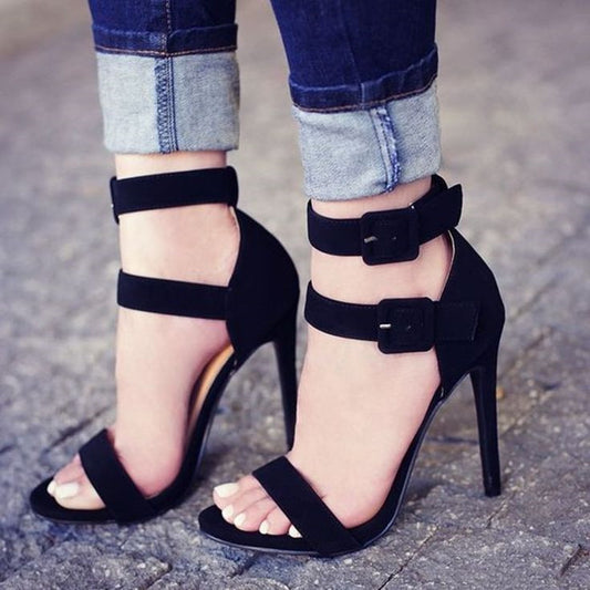 Black Open Toe Buckled Ankle Strap High Heels Sandals