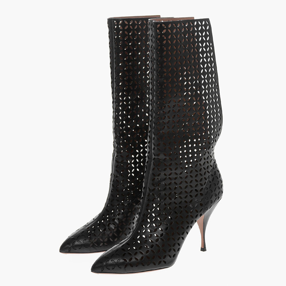 Black Spool Heel Cut-Out Pointed Toe Back Opening Mid Calf Boots