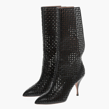 Black Spool Heel Cut-Out Pointed Toe Back Opening Mid Calf Boots