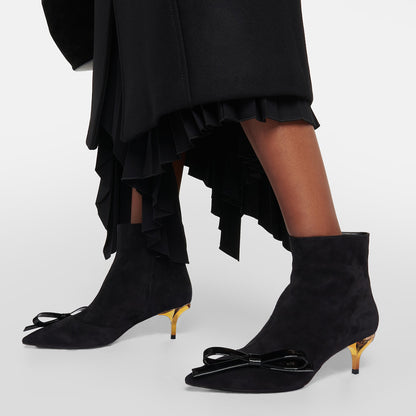 Black Faux Suede Closed Toe Decorative Heel Ankle Boots