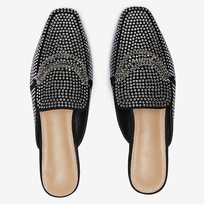 Black Square Toe Flats Rhinestones Mule Loafers for Women