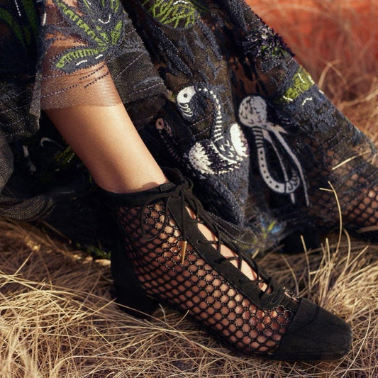 Black Nets Lace Up Summer Booties Block Heel Ankle Boots