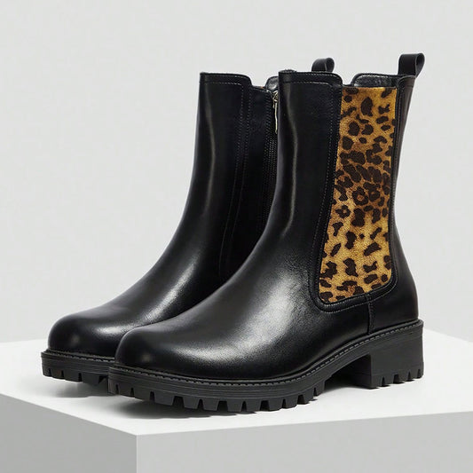 Black Round Toe Leopard Print Side Zipper Lug Sole Ankle Boots