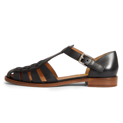Black Woven Round-Toe Cut Out Women's Sandals with Buckled Ankle Strap