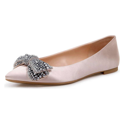 FSJ Beaded Bow Embellished Women's Pointed Toe Flats in Pink