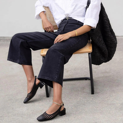 Black Woven Cut Out Square Toe Low Block Heel Buckled Slingback Pumps