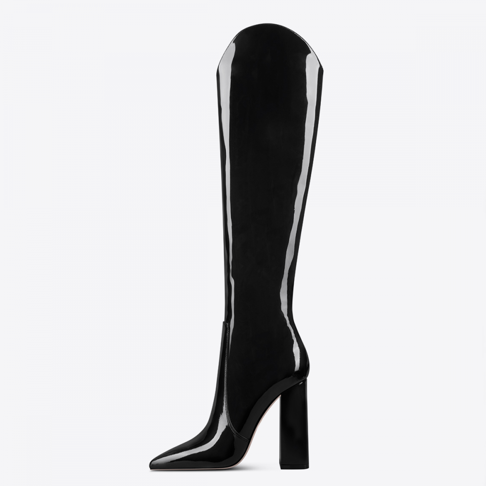 Black Patent Leather Pointed Toe Chunky Heel Fashion Knee High Boots