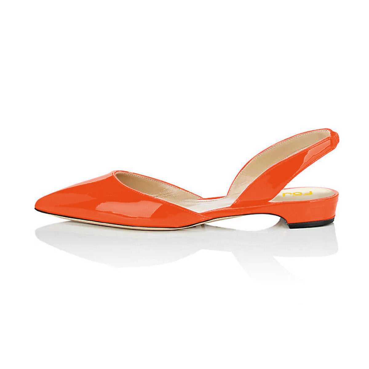 Orange Patent Leather Slingback Shoes Pointy Toe Comfortable Flats